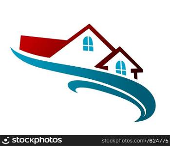 Real estate symbol with house roof and blue wave