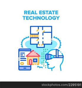 Real Estate Technology Vector Icon Concept. Engineer Watching Apartment Plan Project In Vr Glasses And Choosing House In Smartphone Application Online, Real Estate Technology Color Illustration. Real Estate Technology Vector Color Illustration