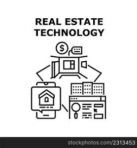 Real Estate Technology Vector Icon Concept. Real Estate Technology For Searching And Researching Apartment Or House Online On Website And Mobile Phone Application Black Illustration. Real Estate Technology Vector Black Illustration