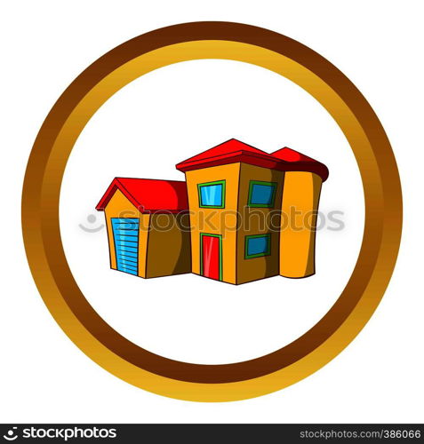 Real estate vector icon in golden circle, cartoon style isolated on white background. Real estate vector icon