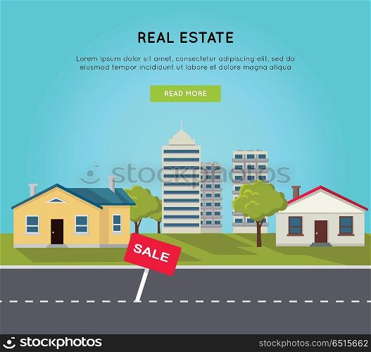 Real Estate Vector Web Banner in Flat Design.. Real estate vector web banner in flat style. Road, cottage houses , living block, skyscraper, trees and lawn on blue background. Illustration for real estate company advertising, housing concepts.