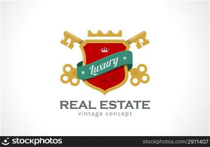 Real Estate Vintage Luxury logo design template. Keys and shield with ribbon. Realty symbol icon old classic style.