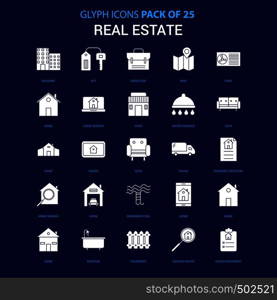 Real Estate White icon over Blue background. 25 Icon Pack
