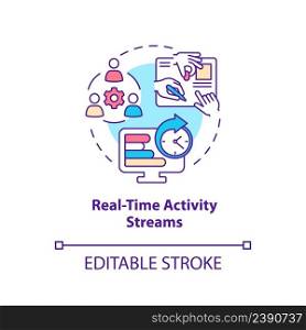 Real time activity streams concept icon. Feature of online workplace abstract idea thin line illustration. Isolated outline drawing. Editable stroke. Arial, Myriad Pro-Bold fonts used. Real time activity streams concept icon
