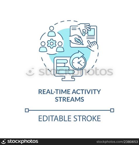 Real time activity streams turquoise concept icon. Feature of online workplace abstract idea thin line illustration. Isolated outline drawing. Editable stroke. Arial, Myriad Pro-Bold fonts used. Real time activity streams turquoise concept icon