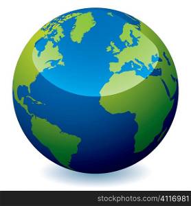 Real world earth icon with blue oceans and green land with shadow