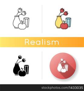 Realism icon. Fine art movement. Naturalism style. Vase with flowers and fruit. Still life, visual art. Linear black and RGB color styles. Isolated vector illustrations. Realism icon
