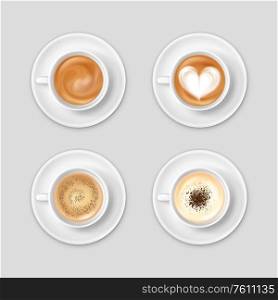 Realistic 2x2 top view set with coffee in cups on saucers isolated vector illustration