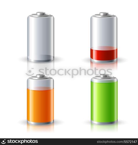 Realistic 3d battery icons set with full and low charge status energy level isolated vector illustration