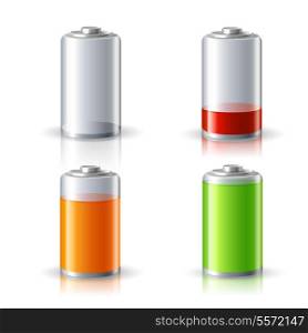 Realistic 3d battery icons set with full and low charge status energy level isolated vector illustration