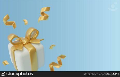 Realistic 3D Birthday or Christmas party background with copy space. Three dimensional toy glossy plastic gift box with golden bow and flying confetti. style vector icon. 