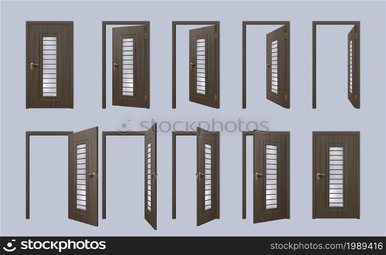 Realistic 3d black front wooden door open and close. House, apartment or room entrance doorframe with doors ajar, animation frame vector set. Modern interior element for entry with metal knob. Realistic 3d black front wooden door open and close. House, apartment or room entrance doorframe with doors ajar, animation frame vector set