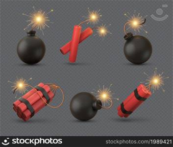 Realistic 3d bomb, tnt and dynamite sticks with burning fuse. Explosive military weapon or firecrackers with wick. Black bombs vector set. Equipment with detonator for destroying or terrorism. Realistic 3d bomb, tnt and dynamite sticks with burning fuse. Explosive military weapon or firecrackers with wick. Black bombs vector set