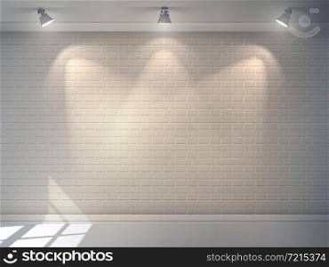 Realistic 3d brick wall with projectors studio interior background vector illustration