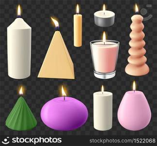 Realistic 3d candles. Holidays candlelight, romantic flaming wax candle, wedding or birthday candles vector illustration icons set. Illustration candlestick to christmas and romantic relaxation. Realistic 3d candles. Holidays candlelight, romantic flaming wax candle, wedding or birthday candles vector illustration icons set