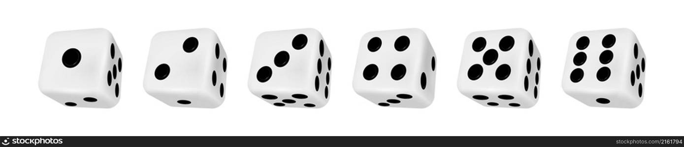 Realistic 3d casino rolling dice showing numbers one to six. Board game cubes playing variants. Gambling dice roll, craps throw vector set. Different combinations for lucky chance or fortune. Realistic 3d casino rolling dice showing numbers one to six. Board game cubes playing variants. Gambling dice roll, craps throw vector set