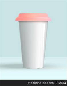 Realistic 3d coffee cup white mockup. Ceramic coffee cup with a pink lid on a turquoise background. Vector illustration.. coffee cup white mockup