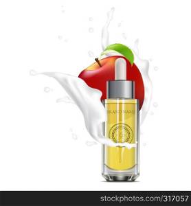 Realistic 3d essential oil cosmetics bottle. Mock up bottle, vial, container, flask, falcon with apple and cream splash. Vector illustration. EPS 10