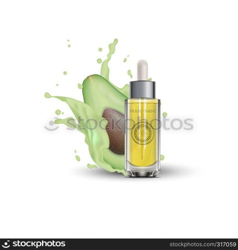 Realistic 3d essential oil cosmetics bottle. Mock up bottle, vial, container, flask, falcon with avocado splash. Vector illustration. EPS 10