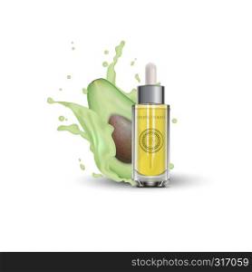 Realistic 3d essential oil cosmetics bottle. Mock up bottle, vial, container, flask, falcon with avocado splash. Vector illustration. EPS 10