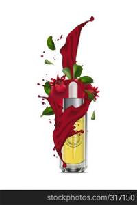 Realistic 3d essential oil cosmetics bottle. Mock up bottle, vial, container, flask, falcon with red pomegranate. Vector illustration. EPS 10