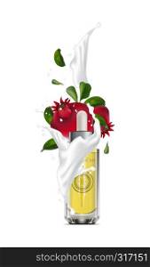 Realistic 3d essential oil cosmetics bottle. Mock up bottle, vial, container, flask, falcon with red pomegranate. Vector illustration. EPS 10