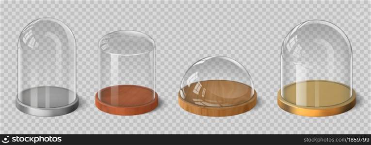 Realistic 3d glass domes with wooden, silver and gold tray. Crystal bell, cylinder and hemispherical exhibition case containers vector set. Food storage glassware or product presentation plate