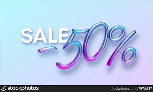 Realistic 3d golden font color rainbow holographic inscription Sale -50. Design element for holiday greeting flyers, banners, certificates, postcards. Vector illustration EPS10. Realistic 3d golden font color rainbow holographic inscription Sale -50. Design element for holiday greeting flyers, banners, certificates, postcards. Vector illustration
