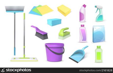 Realistic 3d home cleaning tools, brooms, mop and bucket. Household cleanup and dish washing chemical products, rags and sponges vector set. Equipment and chemicals for hygiene service. Realistic 3d home cleaning tools, brooms, mop and bucket. Household cleanup and dish washing chemical products, rags and sponges vector set