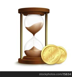 Realistic 3d hourglass sand clock with dollar coins money emblem isolated vector illustration