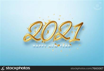 Realistic 3d inscription 2021 with golden confetti isolated on blue background. Golden shiny lettering. Vector illustration EPS10. Realistic 3d inscription 2021 with golden confetti isolated on blue background. Golden shiny lettering. Vector illustration
