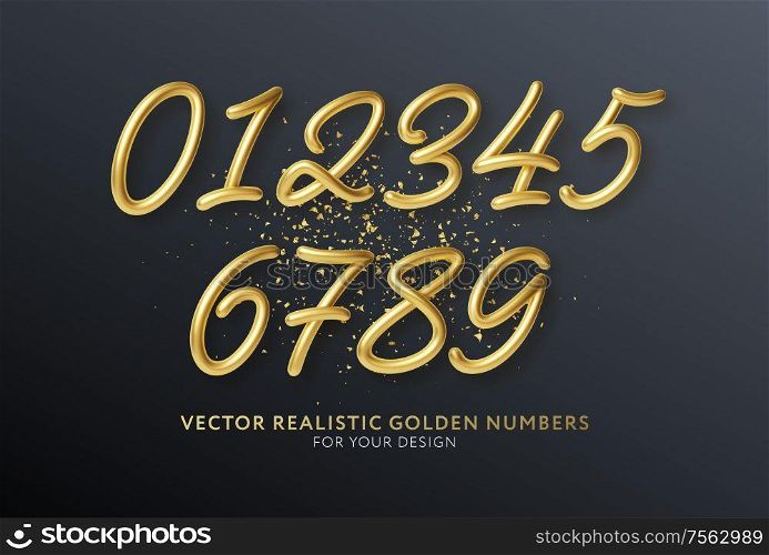 Realistic 3d lettering numbers isolated on black background. Golden numbers set. Decoration elements for banner, cover, birthday or anniversary party invitation design. Vector illustration EPS10. Realistic 3d lettering numbers isolated on black background. Golden numbers set. Decoration elements for banner, cover, birthday or anniversary party invitation design. Vector illustration
