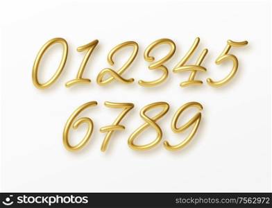 Realistic 3d lettering numbers isolated on white background. Golden numbers set. Decoration elements for banner, cover, birthday or anniversary party invitation design. Vector illustration EPS10. Realistic 3d lettering numbers isolated on white background. Golden numbers set. Decoration elements for banner, cover, birthday or anniversary party invitation design. Vector illustration