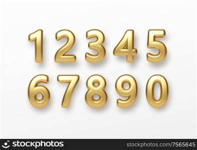 Realistic 3d lettering numbers isolated on white background. Golden numbers set. Decoration elements for banner, cover, birthday or anniversary party invitation design. Vector illustration EPS10. Realistic 3d lettering numbers isolated on white background. Golden numbers set. Decoration elements for banner, cover, birthday or anniversary party invitation design. Vector illustration