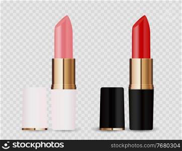 Realistic 3D light pink and red lipstick icon isolated on transparent background. Vector Illustration EPS10. Realistic 3D light pink and red lipstick icon isolated on transparent background. Vector Illustration