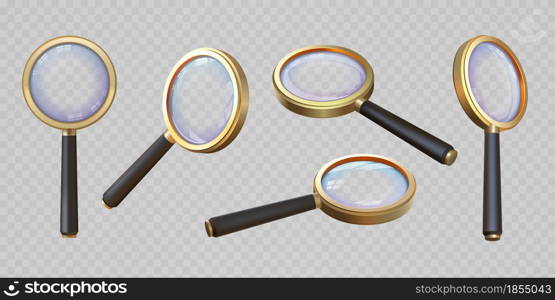 Realistic 3d magnifying glass top and angle view. Magnifier with transparent lens. Magnify lupa, zoom equipment. Search concept vector set. Tool for investigation or detail analysis