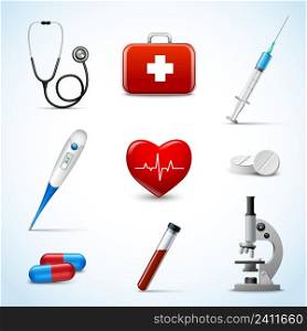 Realistic 3d medical emergency first aid care icons set with heart pill thermometer isolated vector illustration