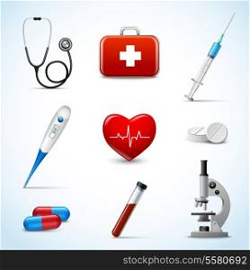 Realistic 3d medical emergency first aid care icons set with heart pill thermometer isolated vector illustration