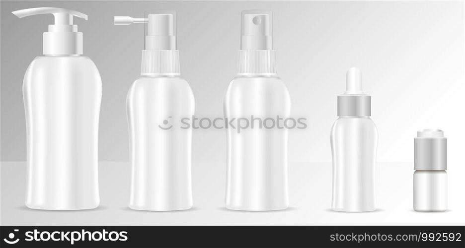 Realistic 3d mock-up of cosmetic package. Vector blank templates set of empty and clean white plastic containers: bottles with spray, dispenser and dropper, cream jar.. Realistic 3d mock-up of cosmetic package. Vector