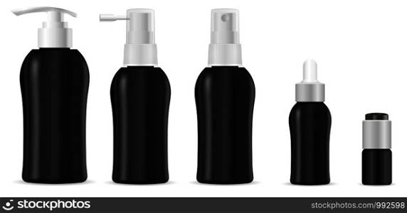 Realistic 3d mock-up of cosmetic package. Vector blank templates set of empty and clean black plastic containers: bottles with spray, dispenser and dropper, cream jar. Realistic 3d mock-up of cosmetic package. Vector