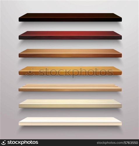 Realistic 3d multicolored retail store wooden shelves set isolated vector illustration. Wooden Shelves Set