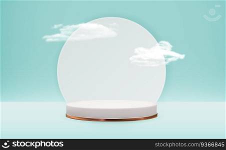 Realistic 3d pedestal cloudy background. Trendy empty podium display for cosmetic product presentation, fashion magazine. Copy space vector illustration EPS10. Realistic 3d pedestal cloudy background. Trendy empty podium display for cosmetic product presentation, fashion magazine. Copy space vector illustration