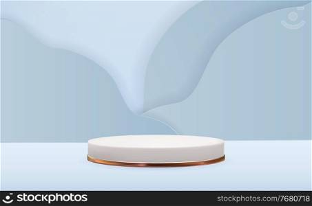 Realistic 3d pedestal over blue trendy wave background. Empty podium display for ads cosmetic product presentation. Vector illustration EPS10. Realistic 3d pedestal over blue trendy wave background. Empty podium display for ads cosmetic product presentation. Vector illustration