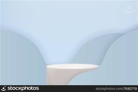 Realistic 3d pedestal over blue trendy wave background. Empty podium display for ads cosmetic product presentation. Vector illustration EPS10. Realistic 3d pedestal over blue trendy wave background. Empty podium display for ads cosmetic product presentation. Vector illustration