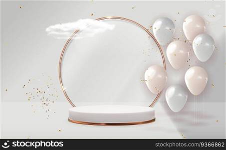 Realistic 3D pedestal over pastel natural background with party balloons. Trendy empty podium display for cosmetic product presentation, fashion magazine. Copy space vector illustration. Realistic 3D pedestal over pastel natural background with party balloons. Trendy empty podium display for cosmetic product presentation, fashion magazine. Copy space vector illustration EPD