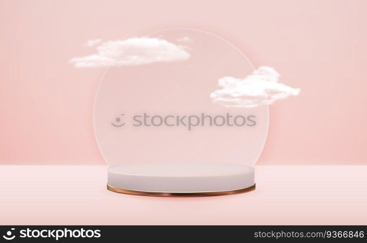 Realistic 3d pedestal pink cloudy background. Trendy empty podium display for cosmetic product presentation, fashion magazine. Vector illustration EPS10. Realistic 3d pedestal pink cloudy background. Trendy empty podium display for cosmetic product presentation, fashion magazine. Vector illustration