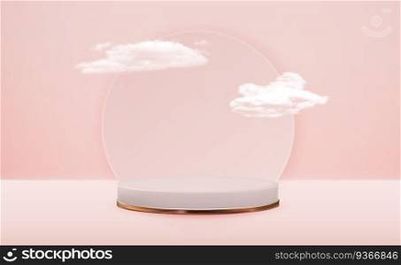 Realistic 3d pedestal pink cloudy background. Trendy empty podium display for cosmetic product presentation, fashion magazine. Vector illustration EPS10. Realistic 3d pedestal pink cloudy background. Trendy empty podium display for cosmetic product presentation, fashion magazine. Vector illustration