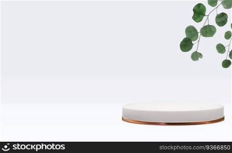 Realistic 3d pedestal with eucalyptus leaves. Trendy empty podium display for ads cosmetic product presentation, fashion magazine. Copy space vector illustration EPS10. Realistic 3d pedestal with eucalyptus leaves. Trendy empty podium display for ads cosmetic product presentation, fashion magazine. Copy space vector illustration