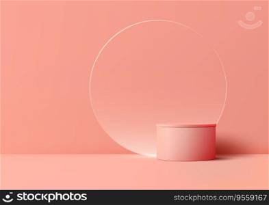 Realistic 3D Pink color cylinder podium stand with circle glass backdrop on a studio room background, creating a modern and minimal concept for product display. This vector illustrator showcases objects with a touch of elegance.