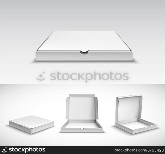 Realistic 3d pizza empty white cardboard box package set isolated vector illustration. Pizza Package Set